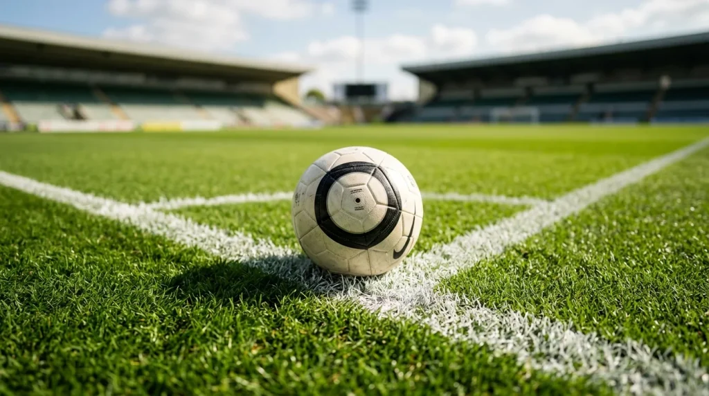Voetbal op de middenstip van een groen grasveld met witte belijning