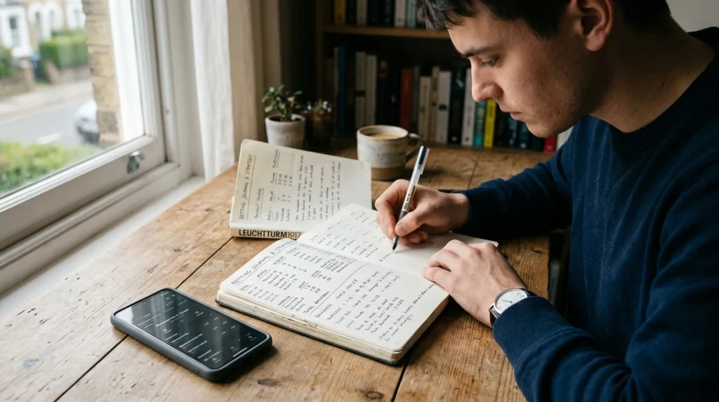 Persoon noteert iets in een notitieboek naast een smartphone op tafel
