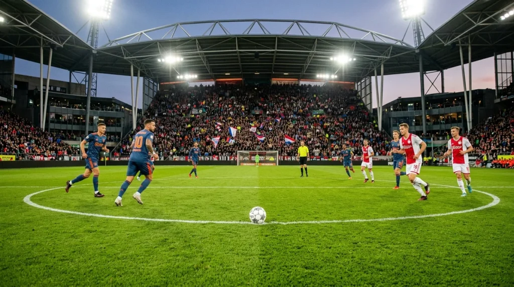 Voetbalstadion bij avond met spelers op het groene veld en volle tribunes in Nederland