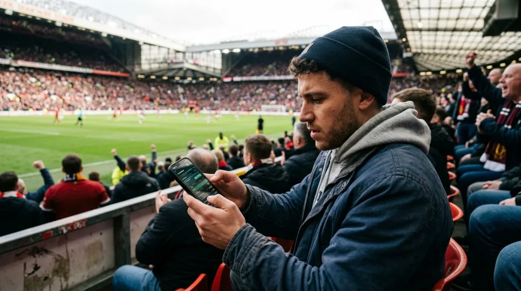 Voetbalfan kijkt op een smartphone in de tribune van een voetbalstadion