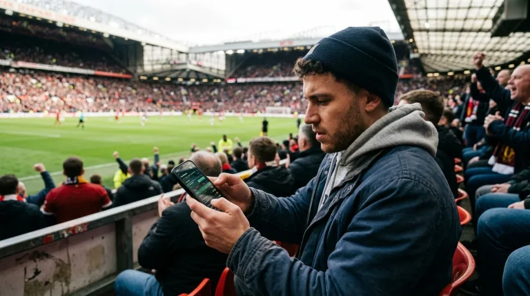 Voetbalfan kijkt op een smartphone in de tribune van een voetbalstadion