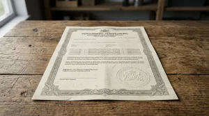 Officieel vergunningsdocument met stempel op een houten bureau