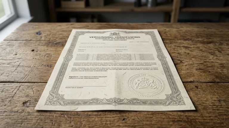 Officieel vergunningsdocument met stempel op een houten bureau