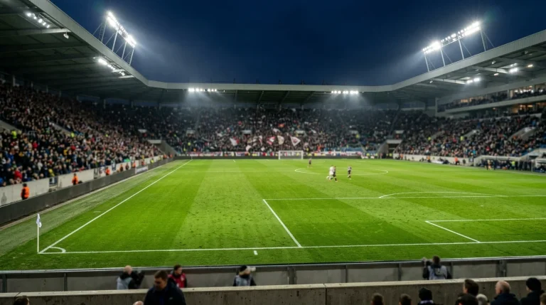 Verlicht voetbalstadion met groen grasveld tijdens een avondwedstrijd
