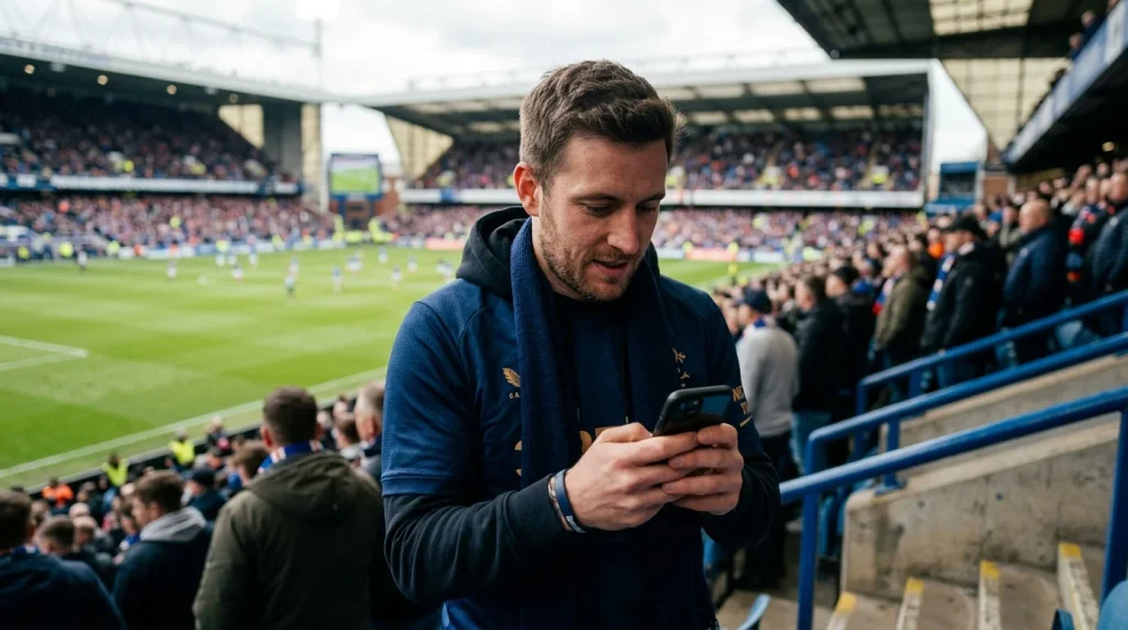 Voetbalfan met smartphone in de hand op de tribune van een stadion