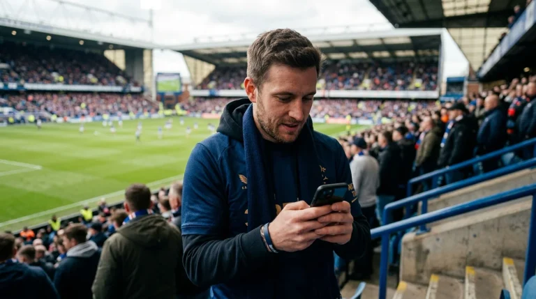 Voetbalfan met smartphone in de hand op de tribune van een stadion