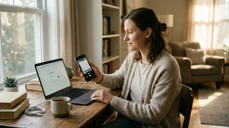 Persoon meldt zich thuis aan op een laptop met een smartphone in de hand