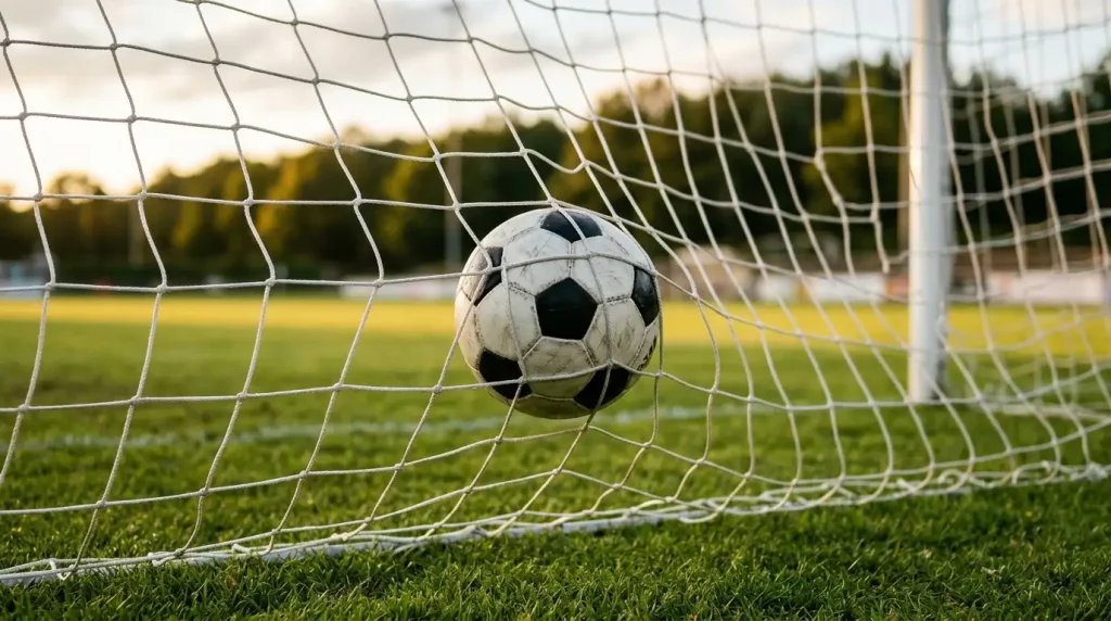 Voetbal in het doelnet van een voetbalveld na een doelpunt
