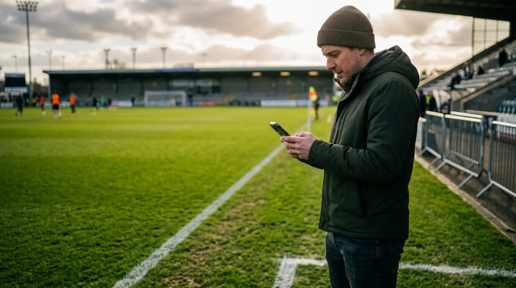 Voetbalfan met smartphone langs de zijlijn van een grasveld
