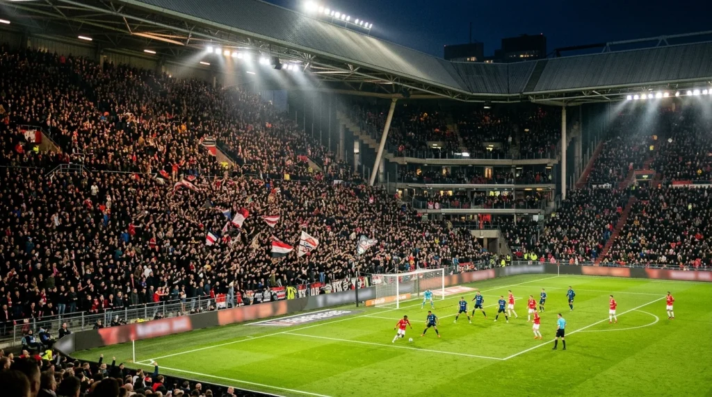 Vol voetbalstadion tijdens een avondwedstrijd met verlicht grasveld