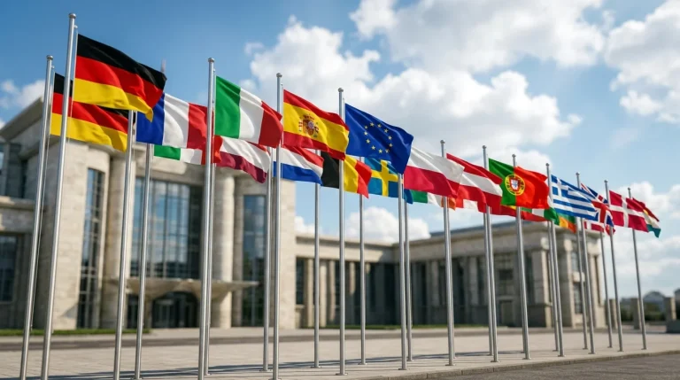 Vlaggen van Europese landen voor een gebouw onder een blauwe lucht