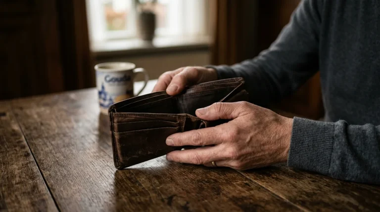 Lege portemonnee in twee handen op een tafel bij gedempt licht
