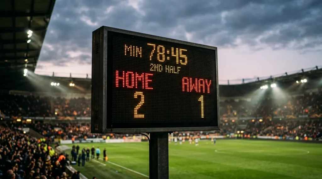 Elektronisch scorebord met een tussenstand boven een voetbalveld