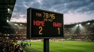 Elektronisch scorebord met een tussenstand boven een voetbalveld