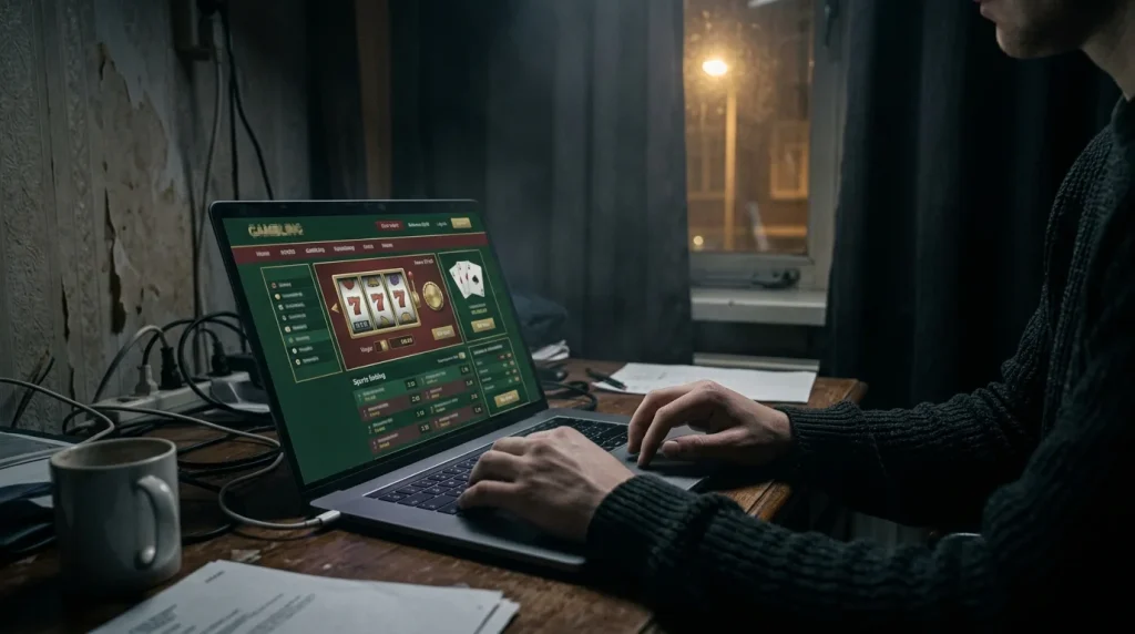 Onbekende goksite op een laptopscherm in een schemerige kamer