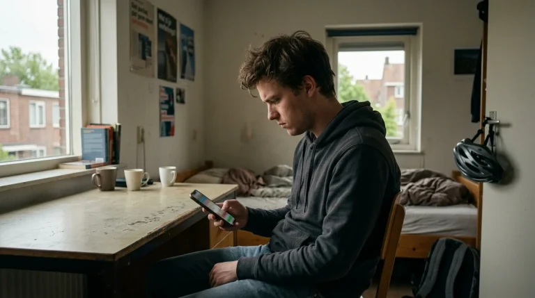 Jonge volwassene kijkt op een smartphone in een studentenkamer
