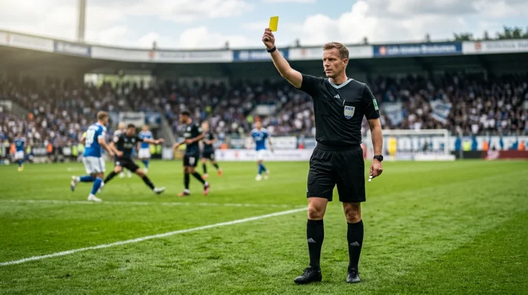 Scheidsrechter toont een gele kaart op een groen voetbalveld