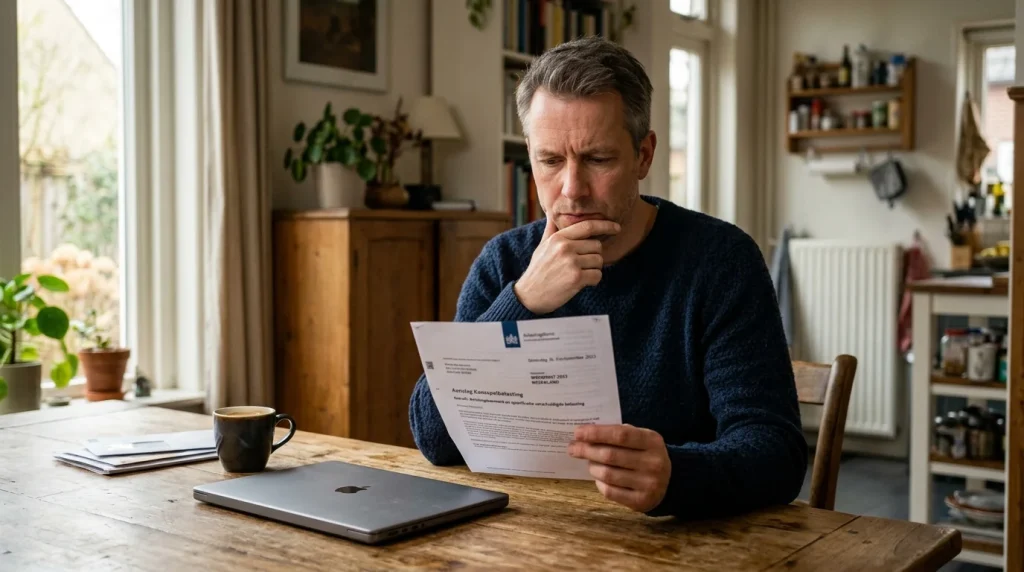 Persoon leest een belastingbrief aan een keukentafel met een laptop ernaast