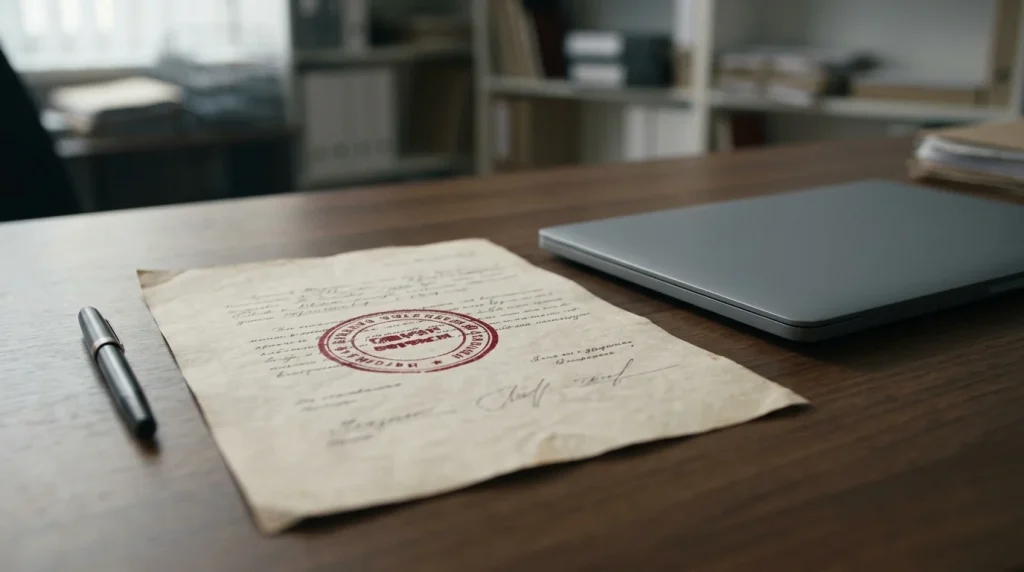 Officieel ogend document met stempel naast een laptop op een bureau