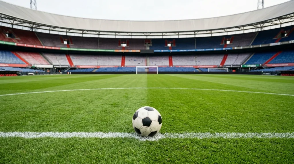Voetbal op de middenstip van een leeg stadion bij daglicht met lege tribunes op de achtergrond
