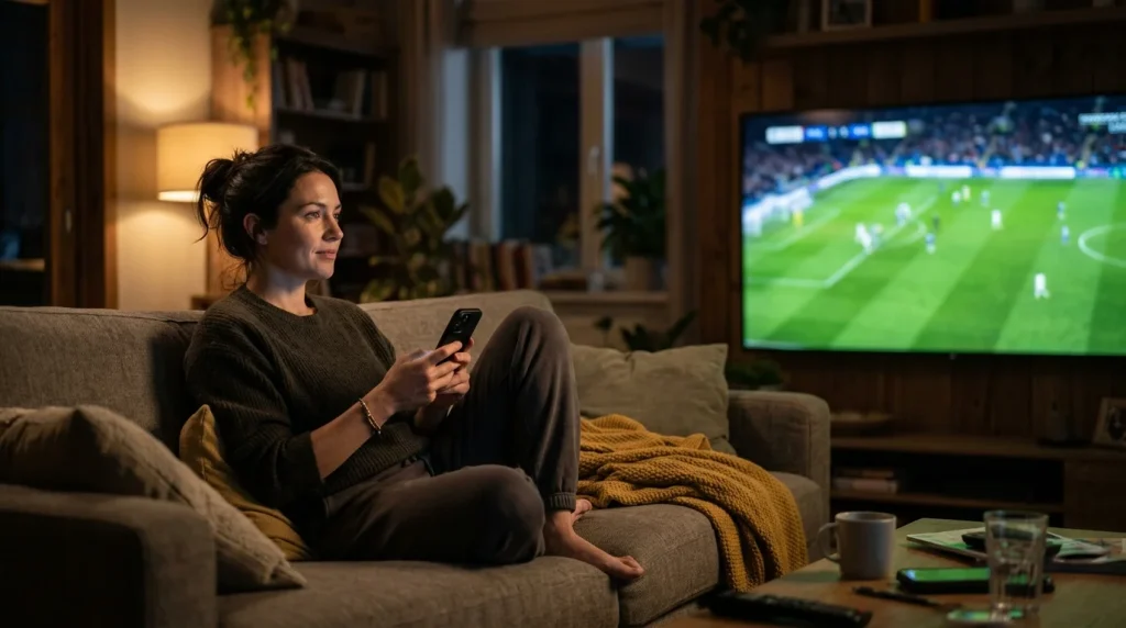 Persoon volgt een voetbalwedstrijd op tv met een smartphone in de hand
