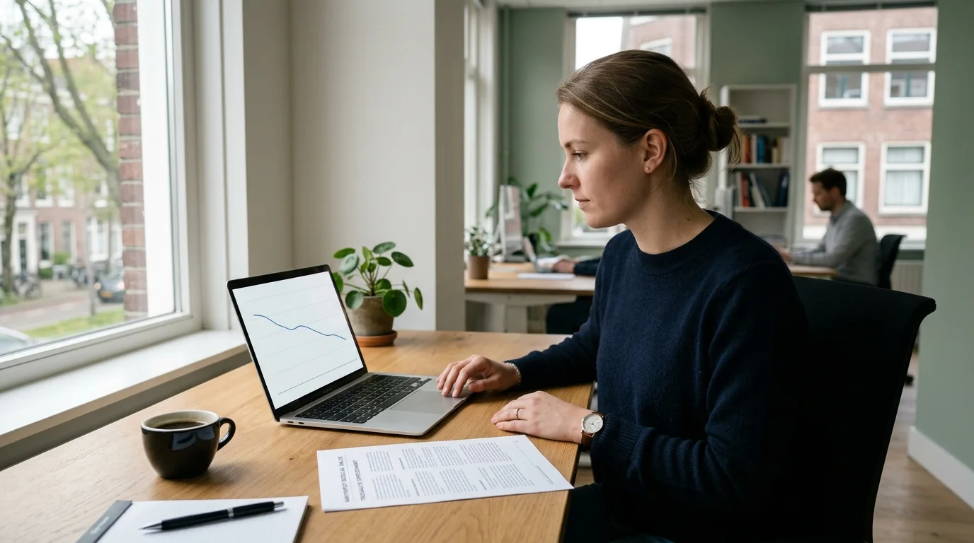 Analist bestudeert de cijfers van de Nederlandse online wedmarkt op een laptop