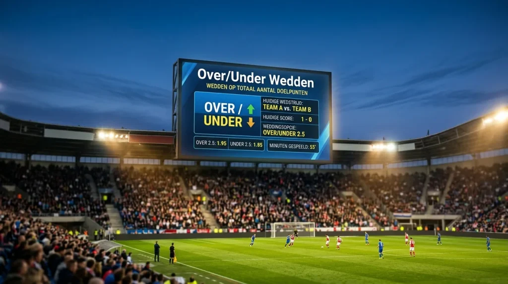 Elektronisch scorebord boven een voetbalstadion tijdens een wedstrijd
