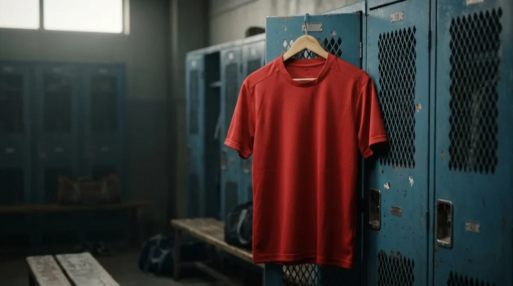 Voetbalshirt zonder sponsorlogo aan een hanger in een kleedkamer