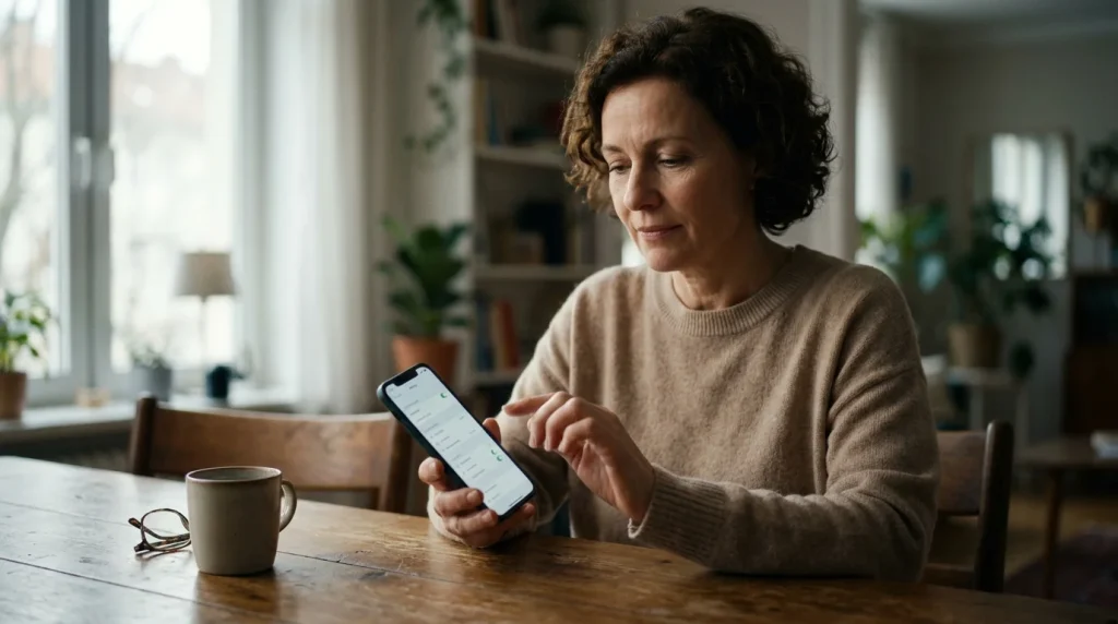 Persoon stelt iets in op een smartphone aan een tafel thuis