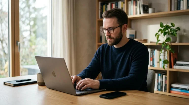 Persoon werkt aan een laptop met een smartphone ernaast op een bureau