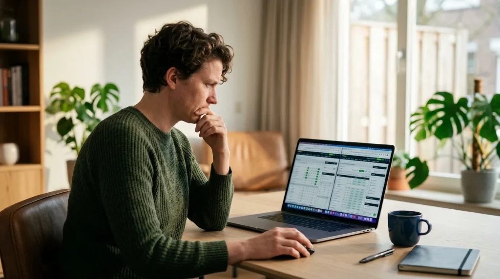 Persoon vergelijkt twee bookmaker-websites op een laptop aan een bureau