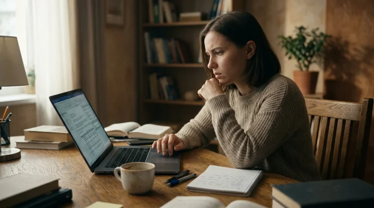 Persoon kijkt aandachtig naar een laptop aan een houten bureau