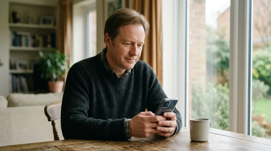 Persoon kijkt rustig naar een smartphone aan een tafel bij een raam met zacht daglicht
