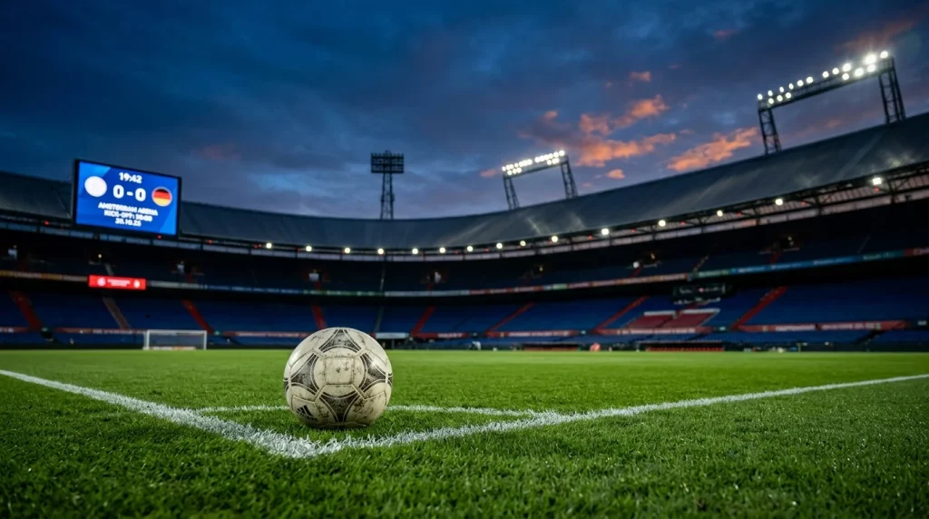 Digitaal scorebord met quoteringen tijdens een voetbalwedstrijd in een stadion