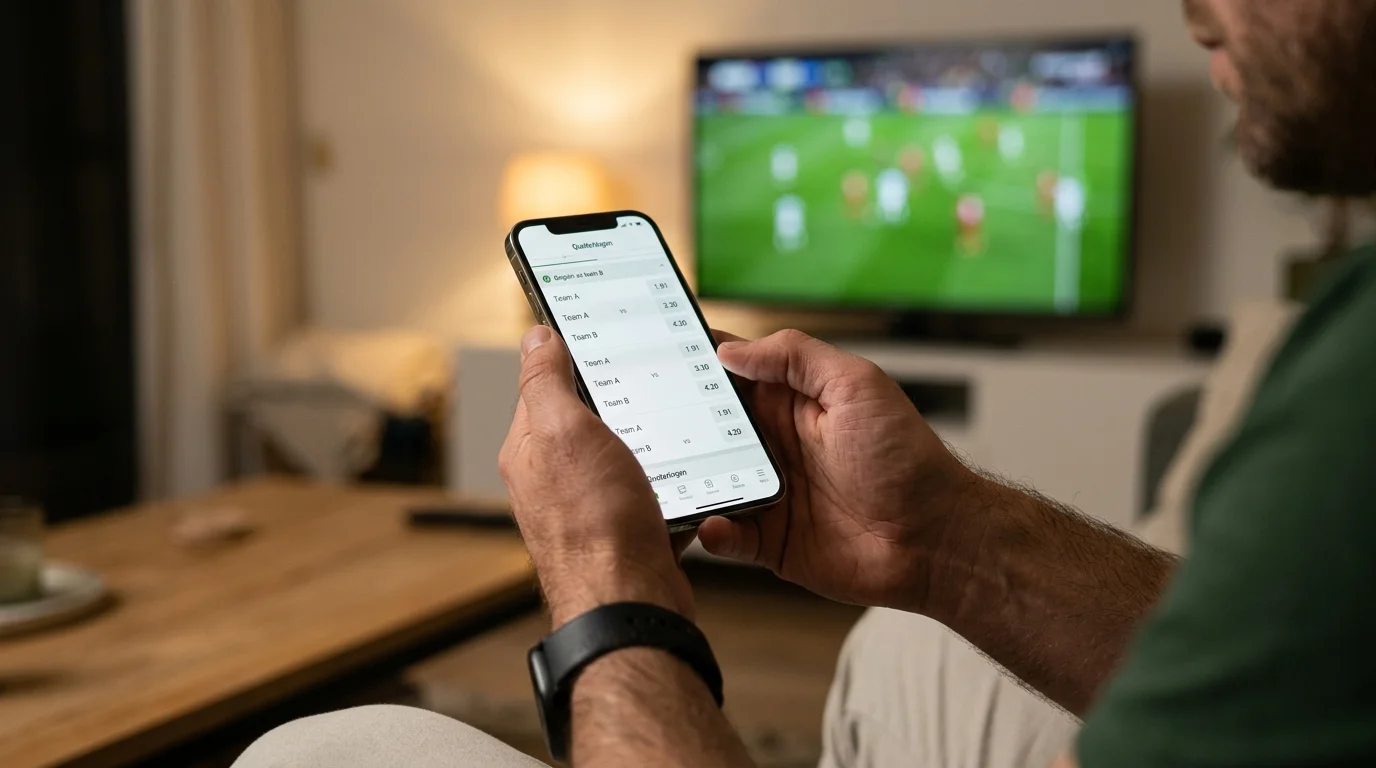 Voetbalsupporter bekijkt de quoteringen voor een wedstrijd op zijn telefoon