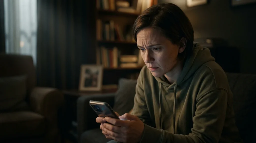 Persoon kijkt bezorgd naar een smartphone in een schemerige kamer