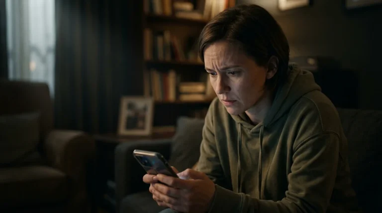 Persoon kijkt bezorgd naar een smartphone in een schemerige kamer