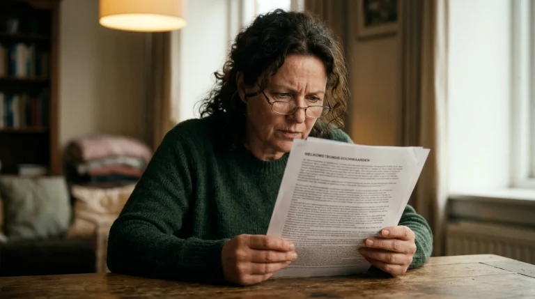 Persoon leest aandachtig de kleine lettertjes van een document