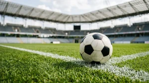 Voetbal op een groen grasveld met witte belijning in een stadion